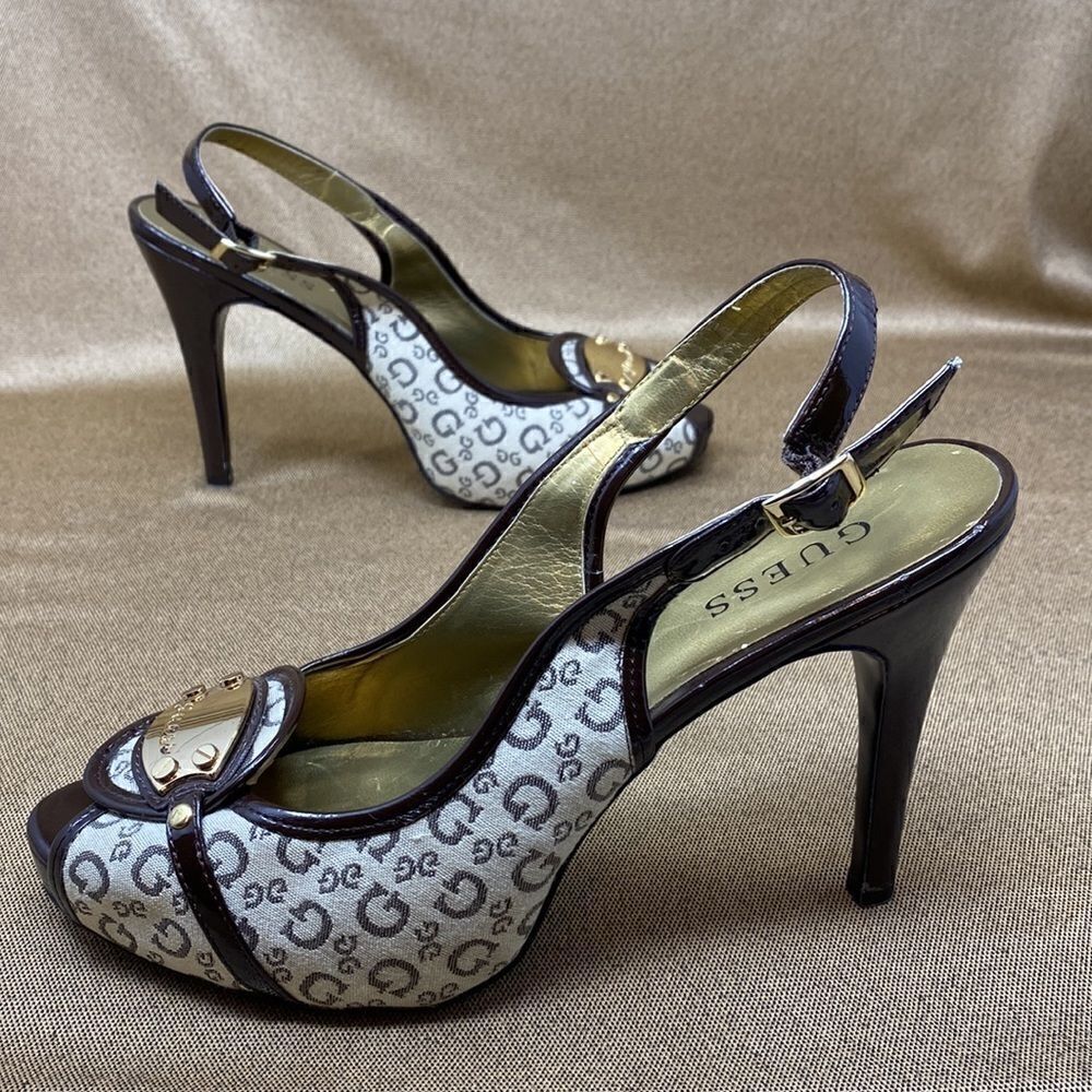Guess Monogram Peep Toe Platform Slingback Heels - Picture 6 of 13